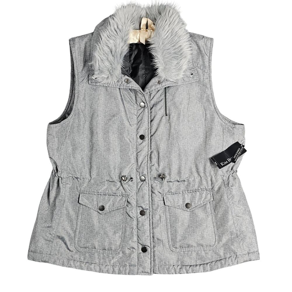 Kim Rogers Heathered Gray Utility Vest Removable Faux Fur Collar Petite XL PXL